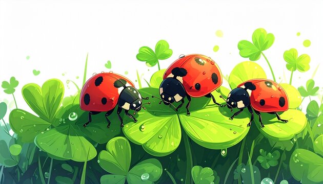 Three ladybugs resting on a bed of vibrant green clovers.