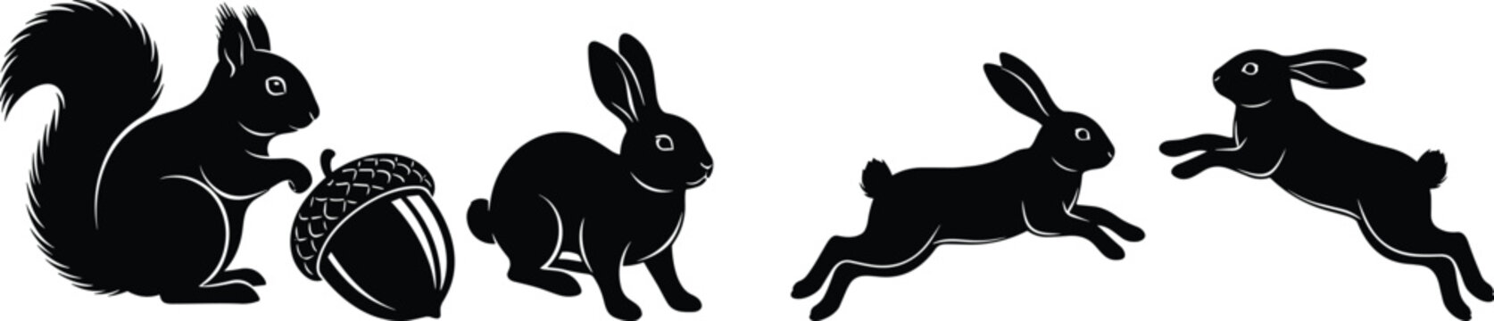 Squirrel and rabbit silhouettes, woodland animals collection, jumping hare poses, forest wildlife icons, black vector illustration, isolated on white background