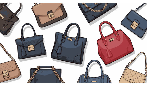 Luxury fashion handbags vector illustration with designer purses and stylish bags isolated on white background