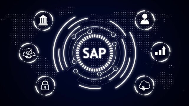Sap business technology interface with global network and digital icons representing finance security growth cloud and people