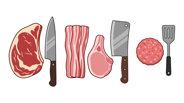 Set of raw meat cuts and professional butchery tools.