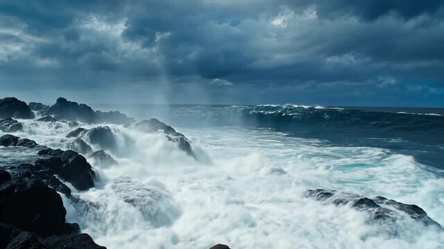 Dramatic ocean waves crashing against rocky shores under a stormy, cloudy sky, creating a powerful natural spectacle