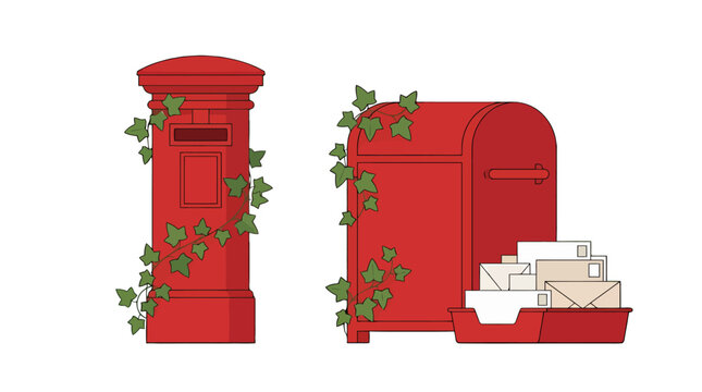 Set of two vintage red mailboxes with ivy vines and letters.