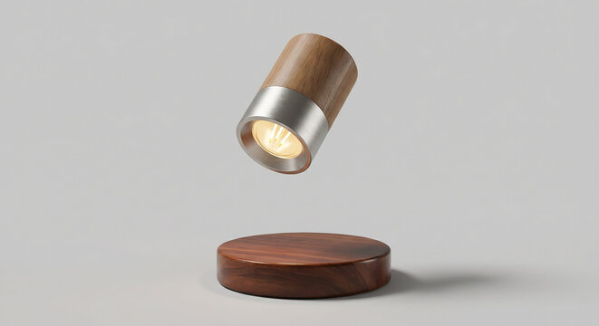 3D render of a modern magnetic levitating lamp with a wooden base and warm Edison light bulb floating in the air