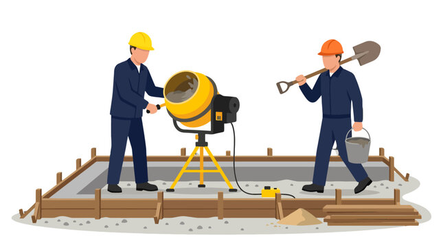 Two construction workers mixing concrete for a building foundation.