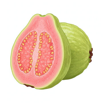 Fresh Pink Guava Fruit Illustration with Half Sliced Cross Section Showing Seeds