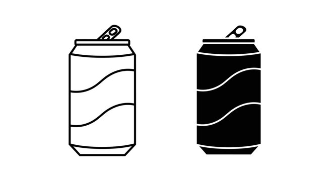 Minimalist soda can icons, black and white aluminum beverage can vector set, open soft drink tin container symbols for packaging design