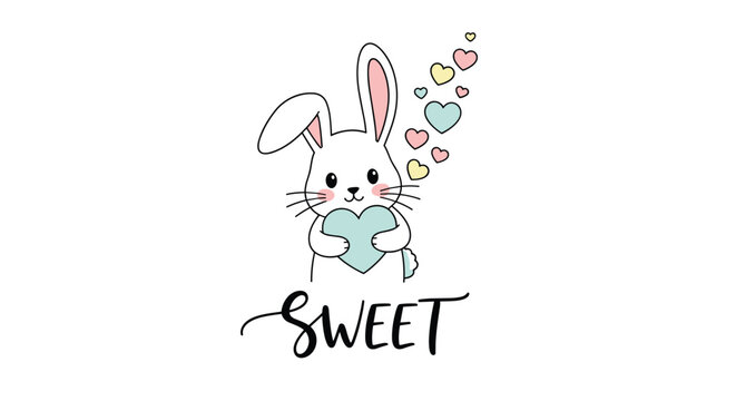 Adorable white rabbit holding a large blue heart with floating colorful hearts and the word sweet written below.
