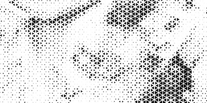 Fading triangle halftone texture gradient pattern. Abstract diagonal geometric background. Tech mosaic triangular halfton gradation. Vector vanishing corner arrow wallpaper for banner, booklet, poster