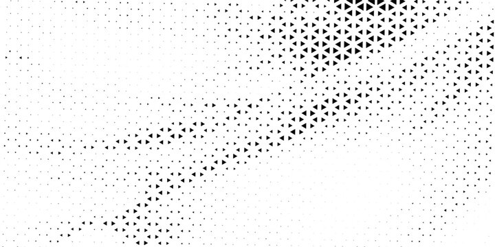 Fading triangle halftone texture gradient pattern. Abstract diagonal geometric background. Tech mosaic triangular halfton gradation. Vector vanishing corner arrow wallpaper for banner, booklet, poster