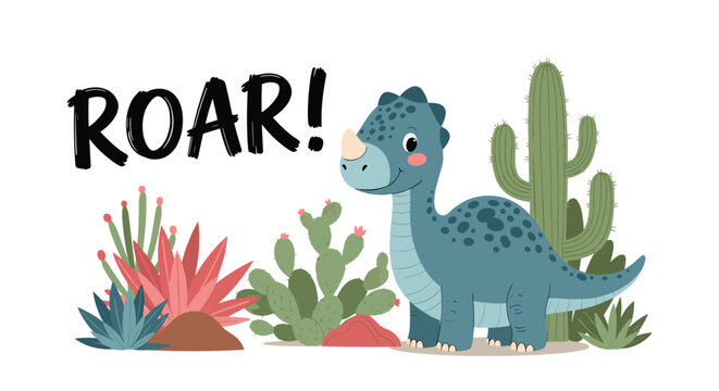 Friendly blue dinosaur character standing among various desert cacti and succulents with the text roar above it.