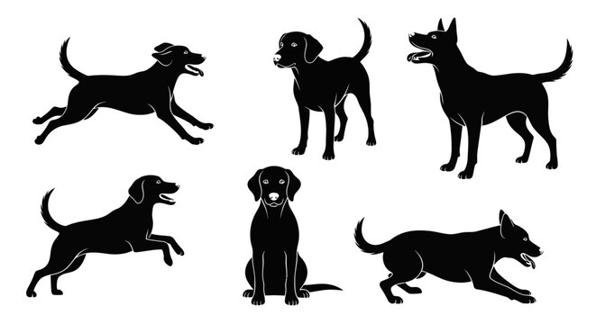 Set of Black Dog Silhouettes in Various Poses