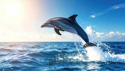 Fototapeta premium A Majestic Dolphin Leaping Gracefully from the Ocean's Surface Under a Bright Blue Sky