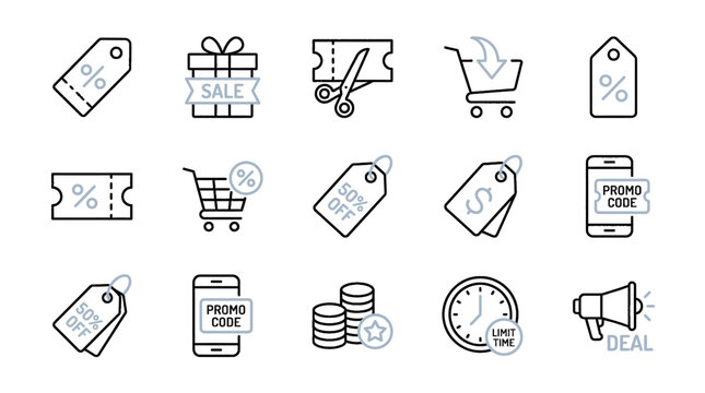 E-commerce icons showcase various shopping symbols and tags on a white background