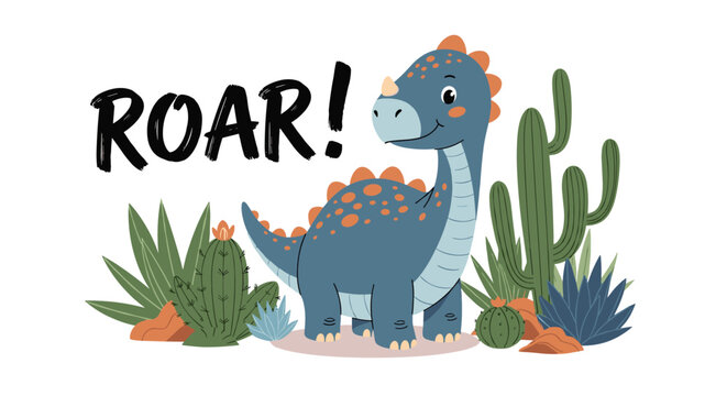 Cute blue dinosaur stands in a desert landscape among green cacti and succulent plants with the word roar in black ink.