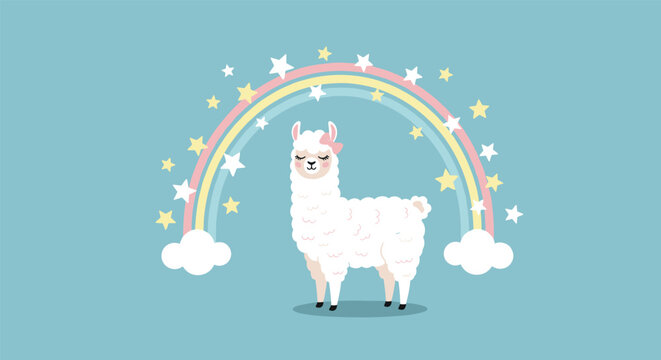 Cute white llama with pink bow standing in front of a colorful rainbow and stars on light blue background graphics.