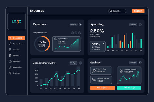Dark Mode Financial Dashboard UI Design with Expense and Savings Analytics