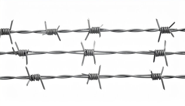 Three strands of sharp barbed wire stretched horizontally against a clean white background
