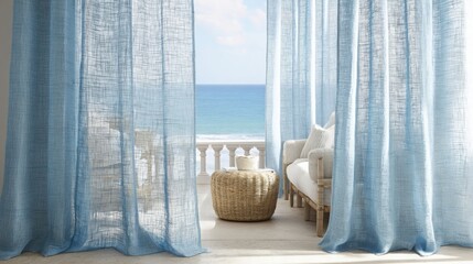 Obraz premium Sheer robin's egg blue linen curtains framing a tranquil ocean view from a coastal balcony with outdoor furniture.