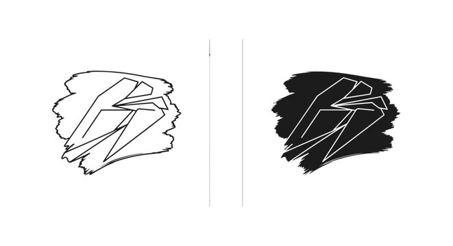 Abstract geometric logo set with sharp angular lines, minimalist black and white brush stroke icons, modern edgy vector branding elements