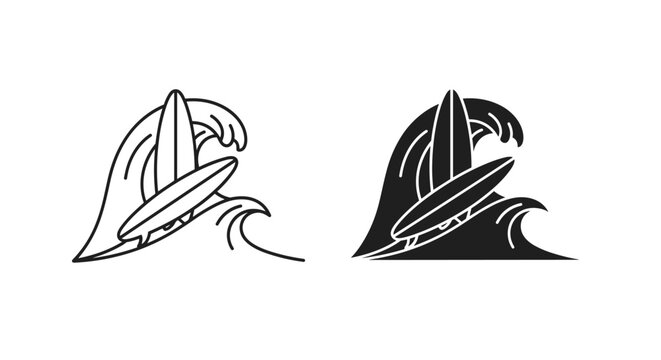 Minimalist surfboard icons with ocean waves, black and white surfing vector set, simple line art and solid silhouette surf graphics for summer branding