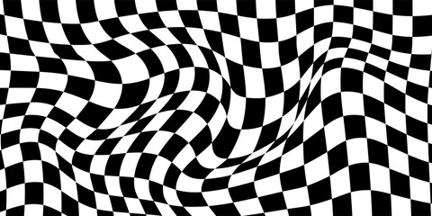 Obraz premium Checkered background with distorted squares. Abstract banner with distortion. Chess pattern. Chessboard surface.