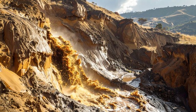 A natural mudflow cascade rushes down a steep, eroded mountainside, showcasing the powerful force of geological events.