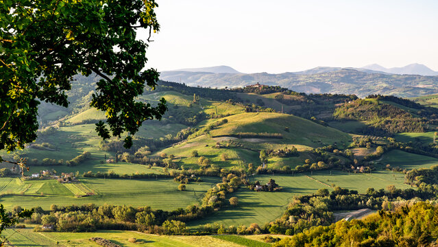 View of Montefabbri and the Foglia river valley from Belvedere Fogliense, Marche, Italy, during a nice spring morning