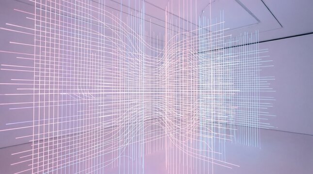 Abstract digital art projection with glowing grid lines creating a futuristic tunnel effect in soft pastel colors.