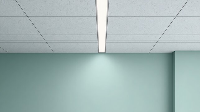 Modern light grey acoustic ceiling panels with integrated recessed linear lighting above a pale teal wall.
