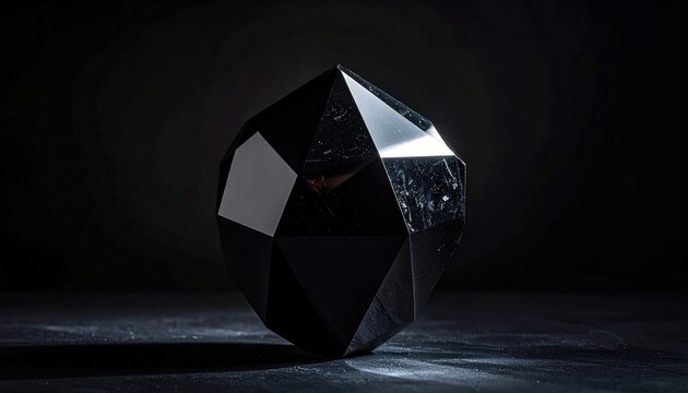 Polished geometric obsidian paperweight with sharp facets on a dark textured surface