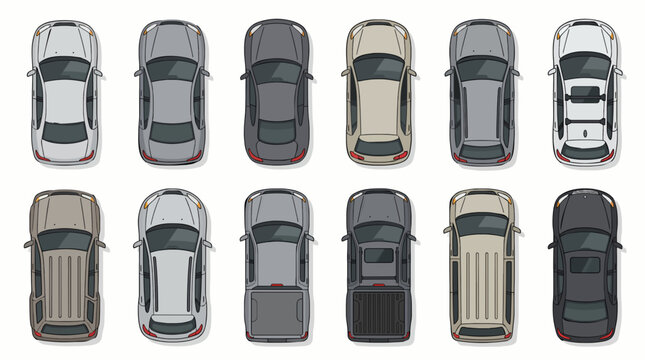 Top View Car Collection Vector Set, Overhead Vehicles Pack, Sedan SUV Pickup Roof View Isolated Transparent Background