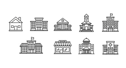 Fototapeta premium Collection of diverse building icons representing different structures.