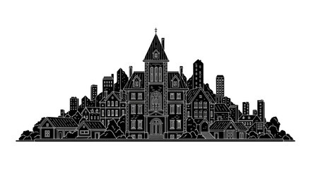 Obraz premium Gothic Mansion Silhouette Illustration ? Vintage Architectural Design