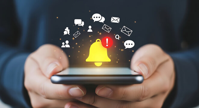 Smartphone displaying glowing notification bell and social media icons, representing alerts and digital communication