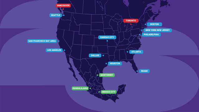 Map of North America Host Cities for sports event location concept. World Football 2026 Vector Illustration
