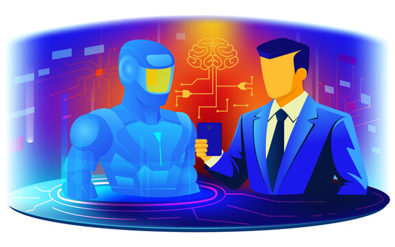 Man Interacting with Robot and Brain Network