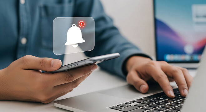 Person receiving notification alert on smartphone while working on laptop, digital technology concept