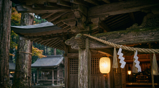 Intricate Wooden Architecture of a Shinto Shrine with Sacred Shimenawa Rope and Lanterns in a Forest