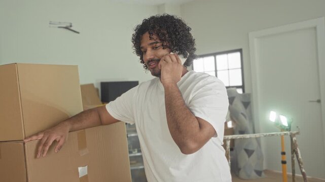 Man talking on smartphone with hand on stacked cardboard boxes, leaning and smiling while looking up in a new home building; fresh start optimism.