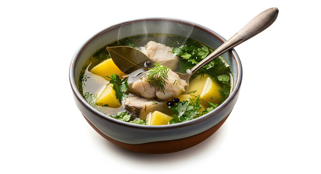 Traditional Russian ukha clear fish soup with potatoes and fresh dill, perfectly isolated on a pure white background