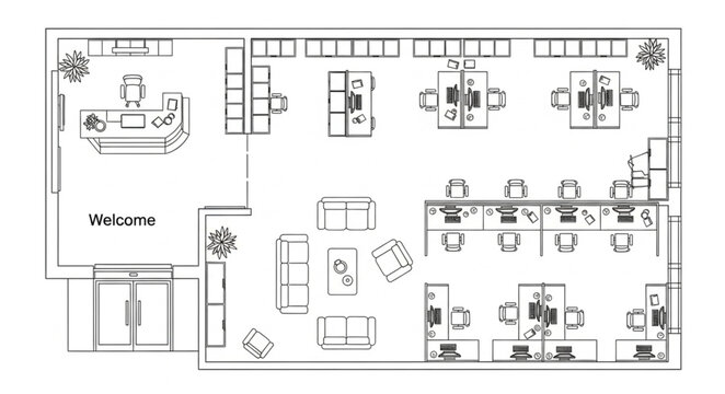 Architectural floor plan of a modern office space layout.