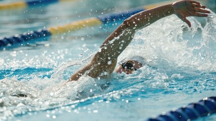 Obraz premium A swimmer performs freestyle stroke in a pool, creating splashes and ripples in the water during a swim session or competition.