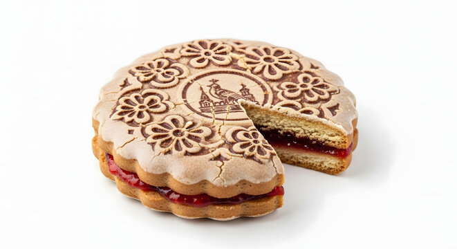 Traditional Russian Tula pryanik printed gingerbread cookie with sweet jam filling, perfectly isolated on a clean white background