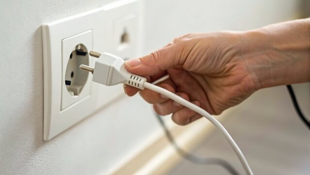 A hand is plugging a white electrical cord into a wall outlet on a textured white wall.