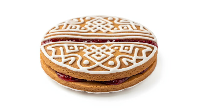 Traditional Russian Tula pryanik printed gingerbread cookie with sweet jam filling, perfectly isolated on a clean white background
