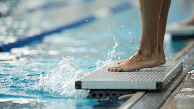 Person's feet on diving board with water splashing in a swimming pool, showing readiness for a dive or jump.