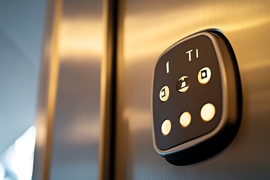 Close up of a modern elevator control panel with buttons.
