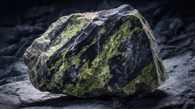 A large, rough, unpolished chunk of natural black and green tourmaline gemstone on a textured surface