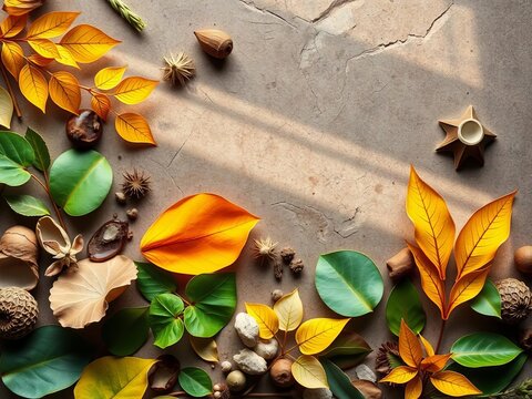 Nature's geometry unfolds in a dynamic dutch angle flat lay, evoking earthy artisanal charm,  flat lay,  artistic